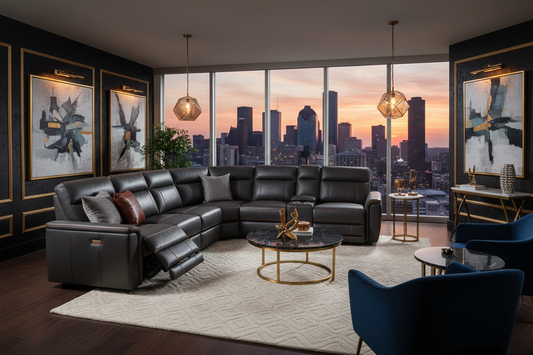 Best reclining sofas for Houston homes — NZR Furniture showroom featuring the Hulk 3-Piece Power Reclining Sofa Set in black cord fabric
