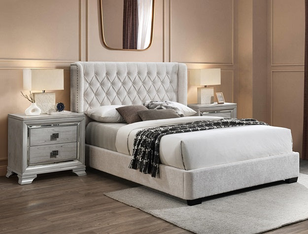 Daphne Upholstered Bed – Tufted Chenille | Queen & King | Grey & Light Gray