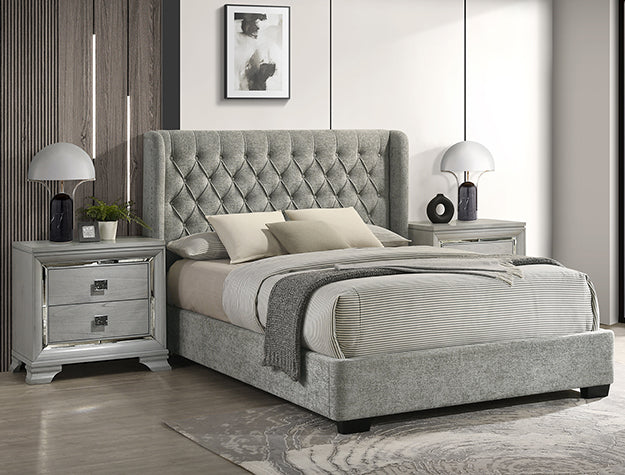 Daphne Upholstered Bed – Tufted Chenille | Queen & King | Grey & Light Gray