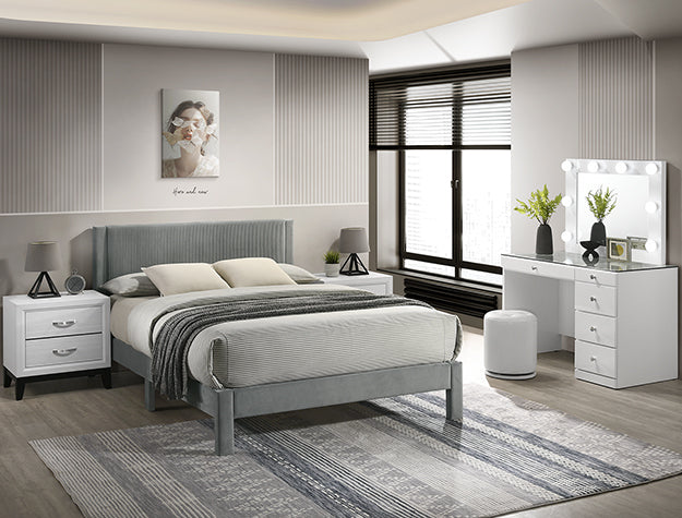 Lucia Platform Bed | Upholstered Ribbed Headboard | Crown Mark