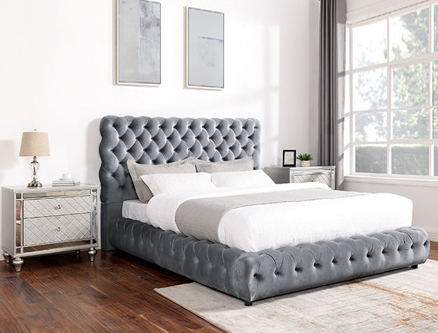 Flory Platform Bed | Upholstered Headboard | Dove Gray, Gray & Black | Queen & King