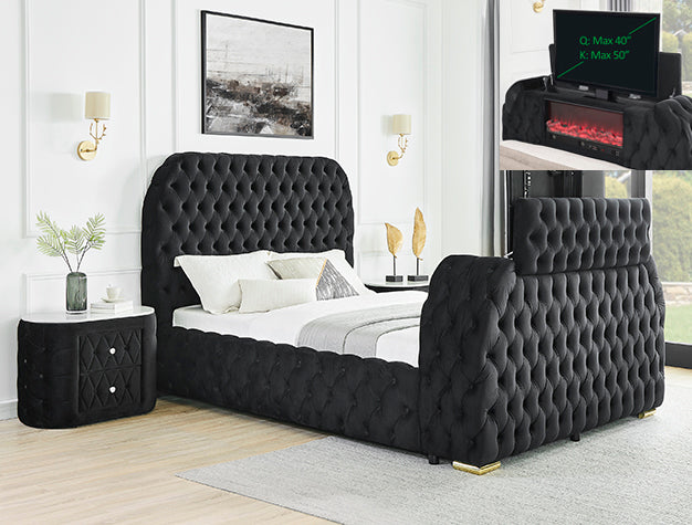 Natalia Luxury Bed with Electric Fireplace & TV Lift | Queen & King