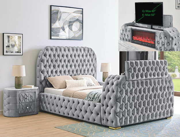 Natalia Luxury Bed with Electric Fireplace & TV Lift | Queen & King