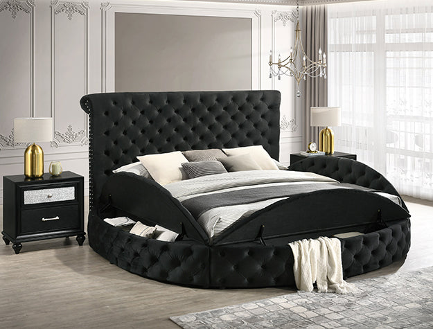 Brigitte Bed Frame – Black Velvet Tufted Headboard with Storage | Queen & King