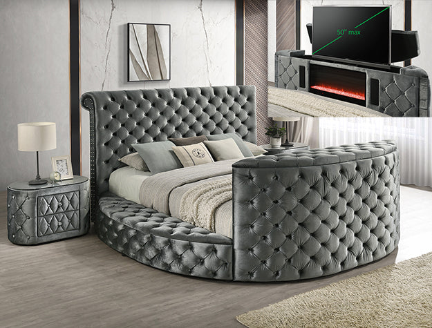 Voltare Fireplace & TV Lift Bed | Tufted Velvet | Queen & King