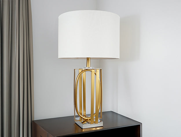 Golden Cage Table Lamp - Modern Minimalist Design with Chrome Base & Drum Shade