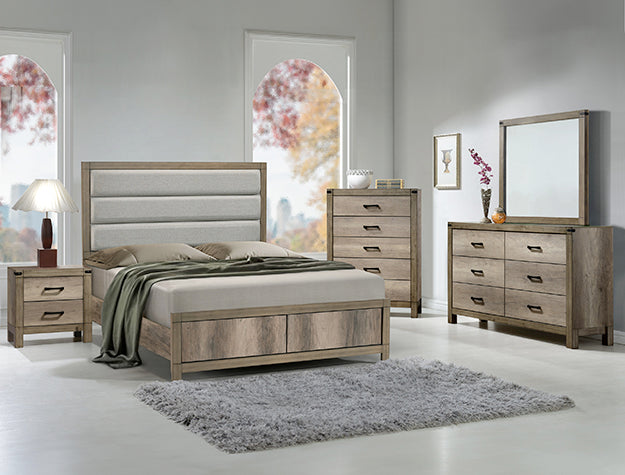 Matteo Bedroom Suite – Upholstered Headboard, Dresser, Mirror, Nightstand & Chest