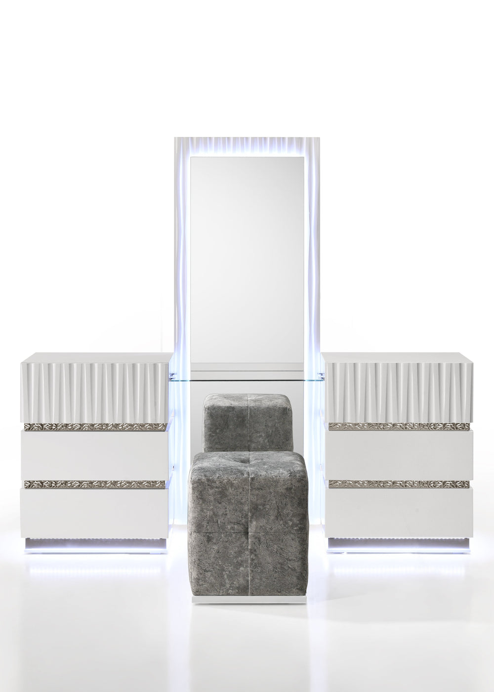Lisbon Vanity Set with LED Mirror, Velvet Ottoman & Floor Mirror - White