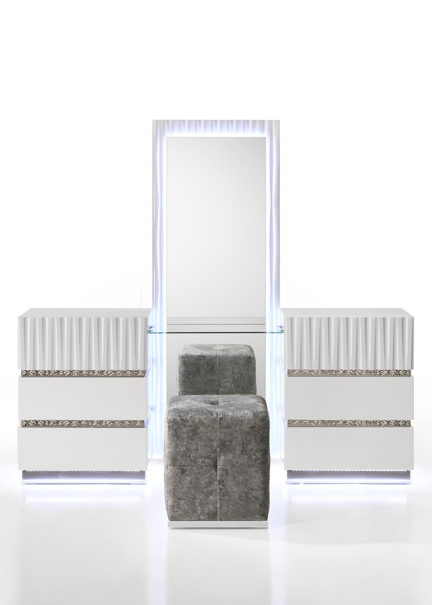Lisbon Vanity Set with LED Mirror, Velvet Ottoman & Floor Mirror - White
