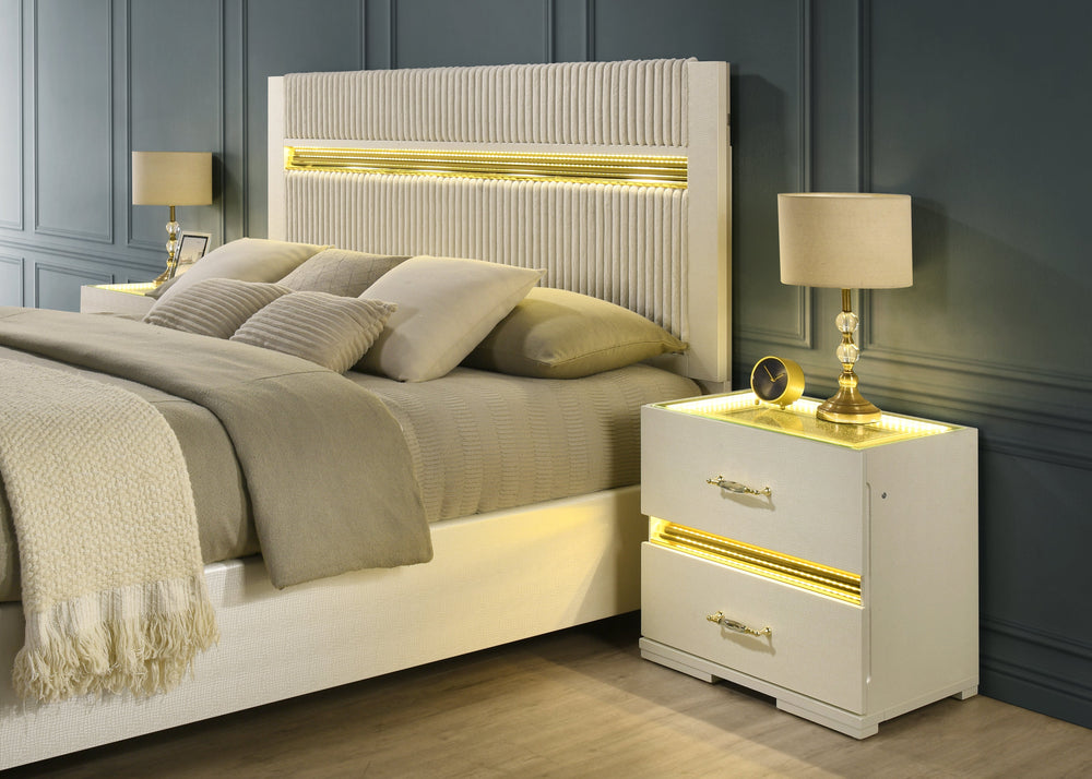 Brillia LED Bedroom Set - Ivory Faux Crocodile with Crystal Hardware