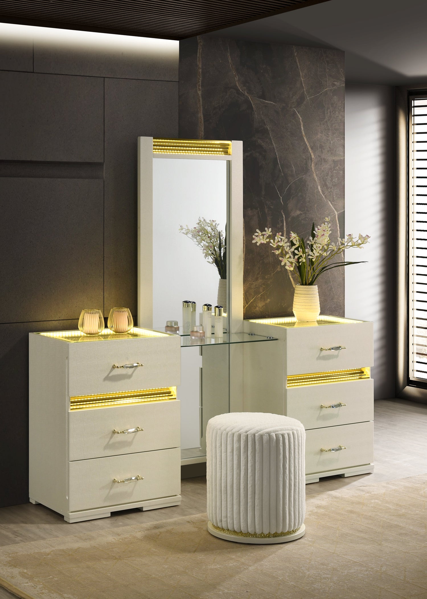 Brillia Vanity Set with LED Lights, Floor Mirror & Stool - Ivory
