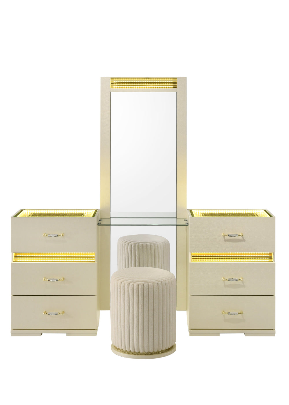 Brillia Vanity Set with LED Lights, Floor Mirror & Stool - Ivory