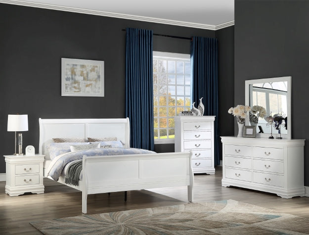 Louis Philip Sleigh Bedroom Suite – Curved Headboard, Dresser, Mirror, Nightstand & Chest