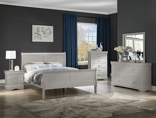 Louis Philip Sleigh Bedroom Suite – Curved Headboard, Dresser, Mirror, Nightstand & Chest