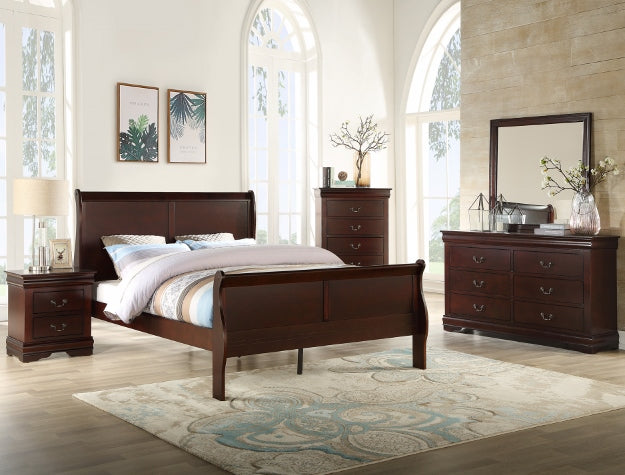 Louis Philip Sleigh Bedroom Suite – Curved Headboard, Dresser, Mirror, Nightstand & Chest