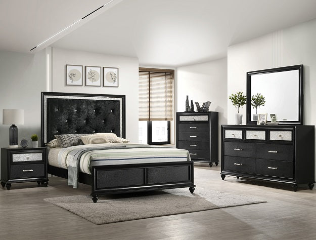 Lila Black Bedroom Suite – Crystal Tufted Headboard, Dresser, Mirror, Nightstand & Chest