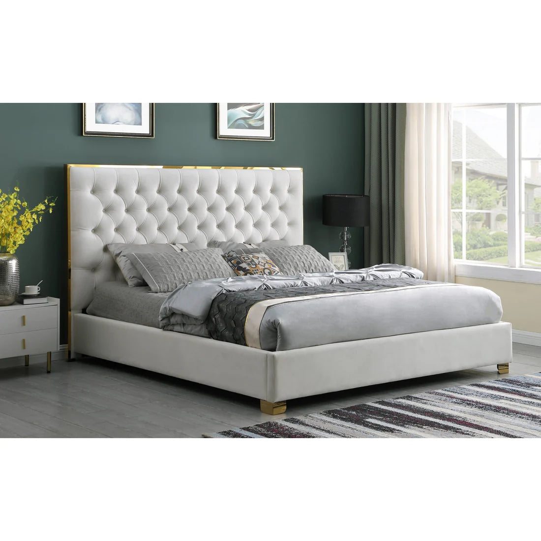 Rose Velvet Platform Bed | Black, Cream & Grey | Queen & King