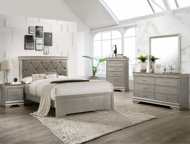 Amalia Bedroom Suite – Tufted Headboard, Dresser, Mirror, Nightstand & Chest