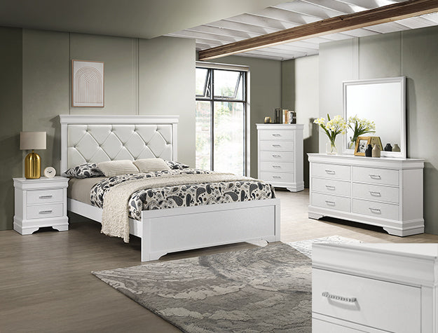 Amalia Bedroom Suite – Tufted Headboard, Dresser, Mirror, Nightstand & Chest