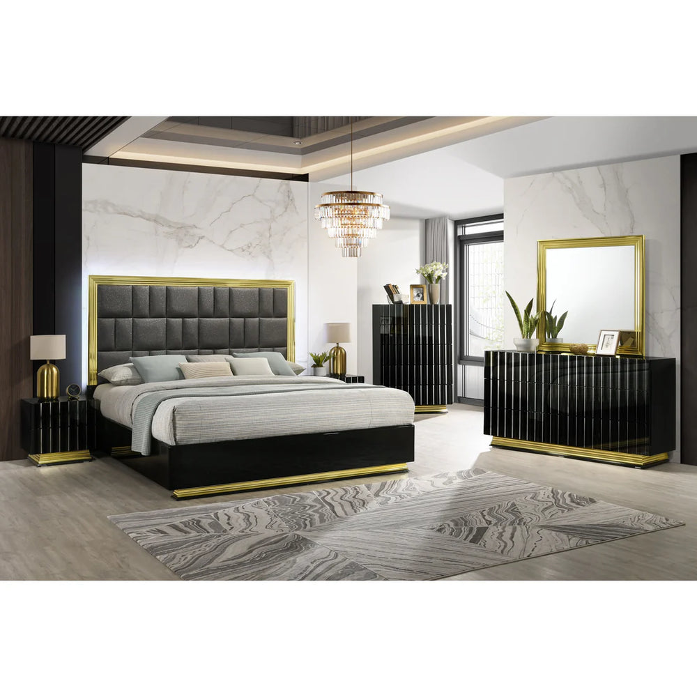 Lila Bedroom Suite – LED Headboard, Gold Accents, Dresser, Mirror, Nightstand & Chest