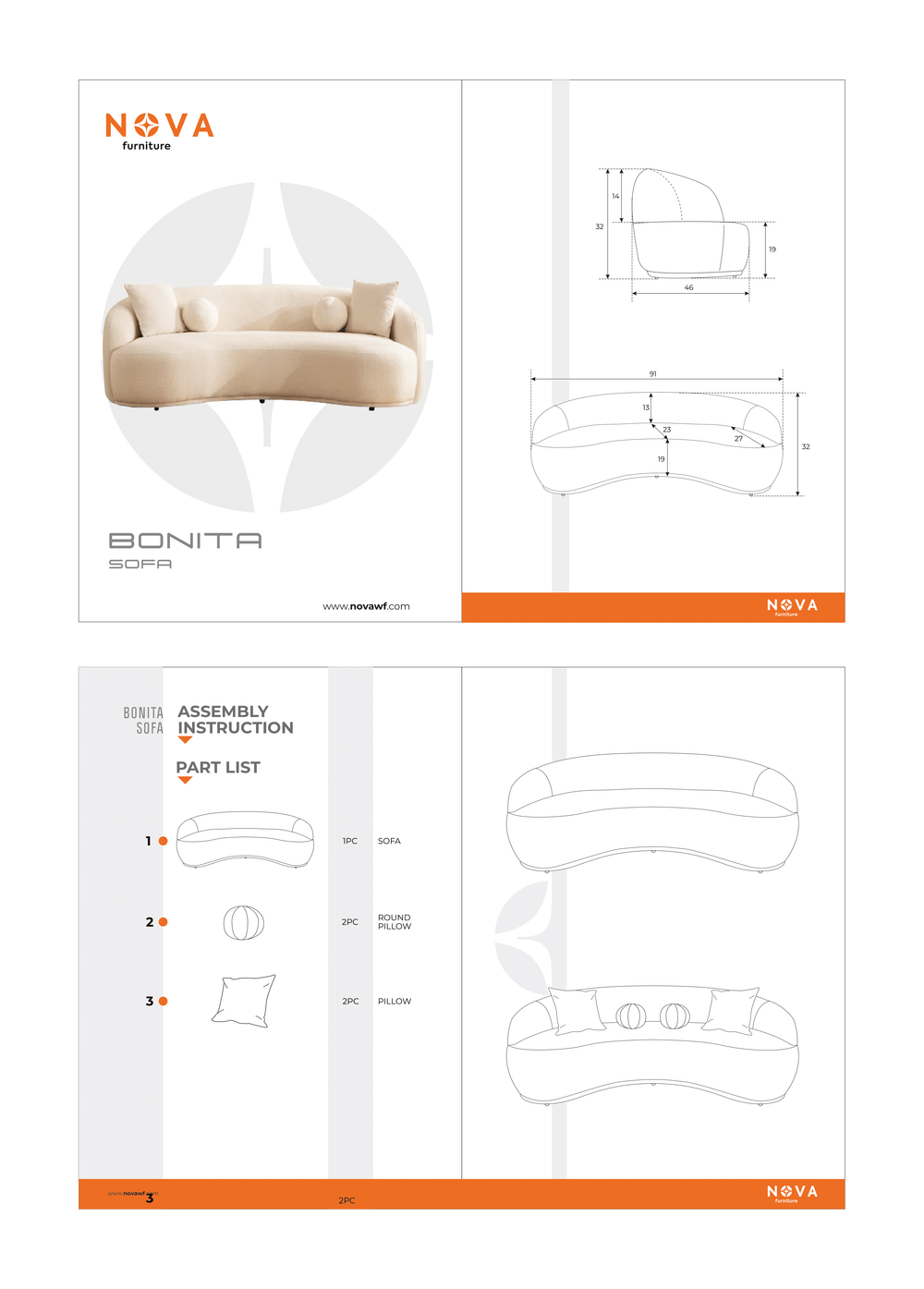 Bonita Ivory Velvet Sofa 91"