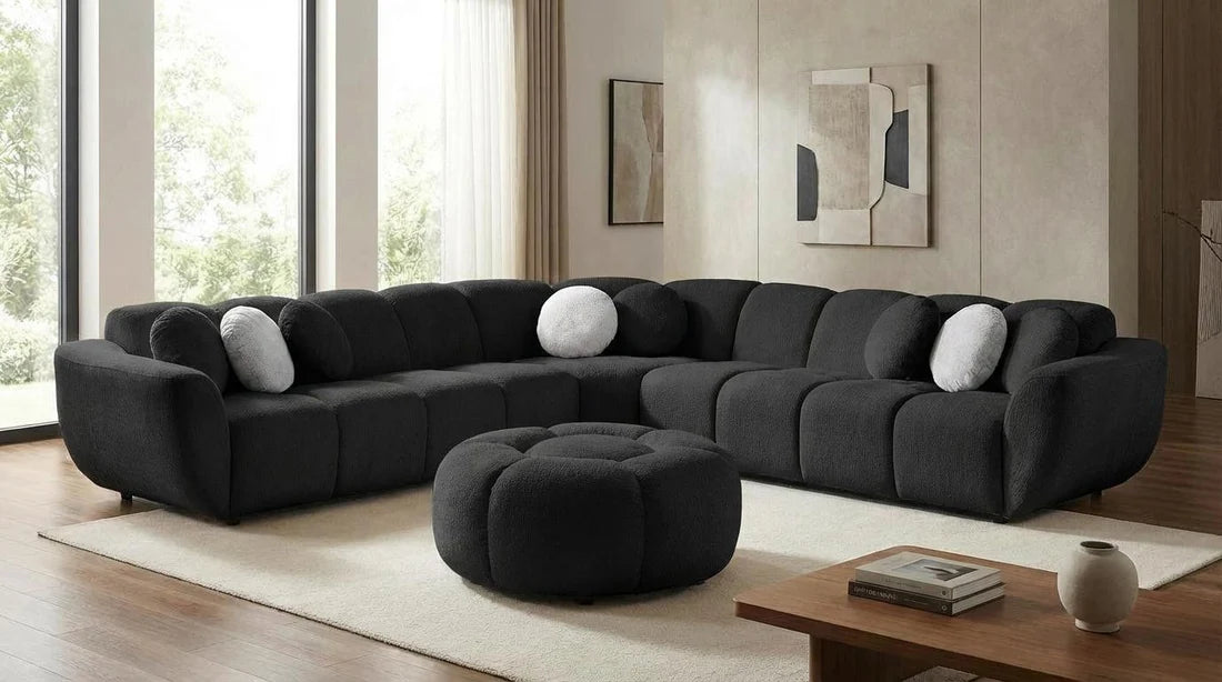 Rose Fabric Sectional Sofa with Ottoman & Pillows – Black & Beige