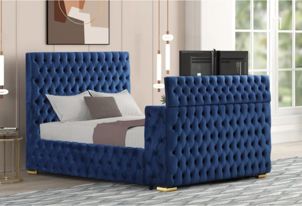 Future Velvet Platform Bed | LED Fireplace, Bluetooth & TV Stand | Queen & King