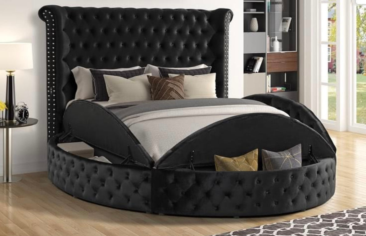 Penthouse Black Velvet Platform Storage Bed with Tufted Headboard