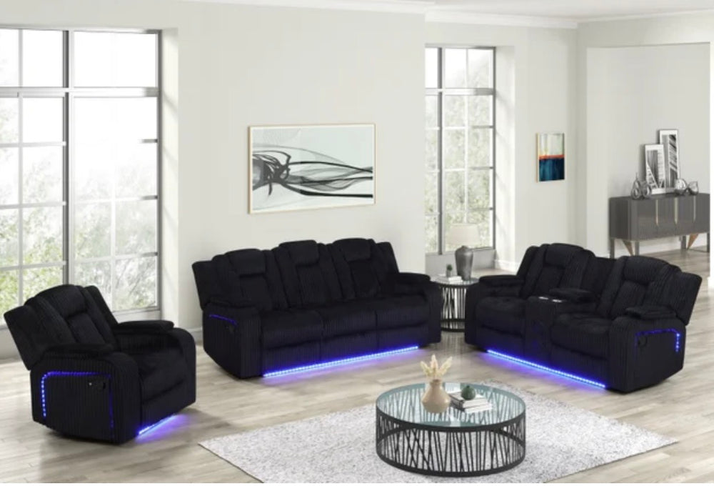 Hulk 3-Piece Reclining Sofa Set – Black Cord Fabric