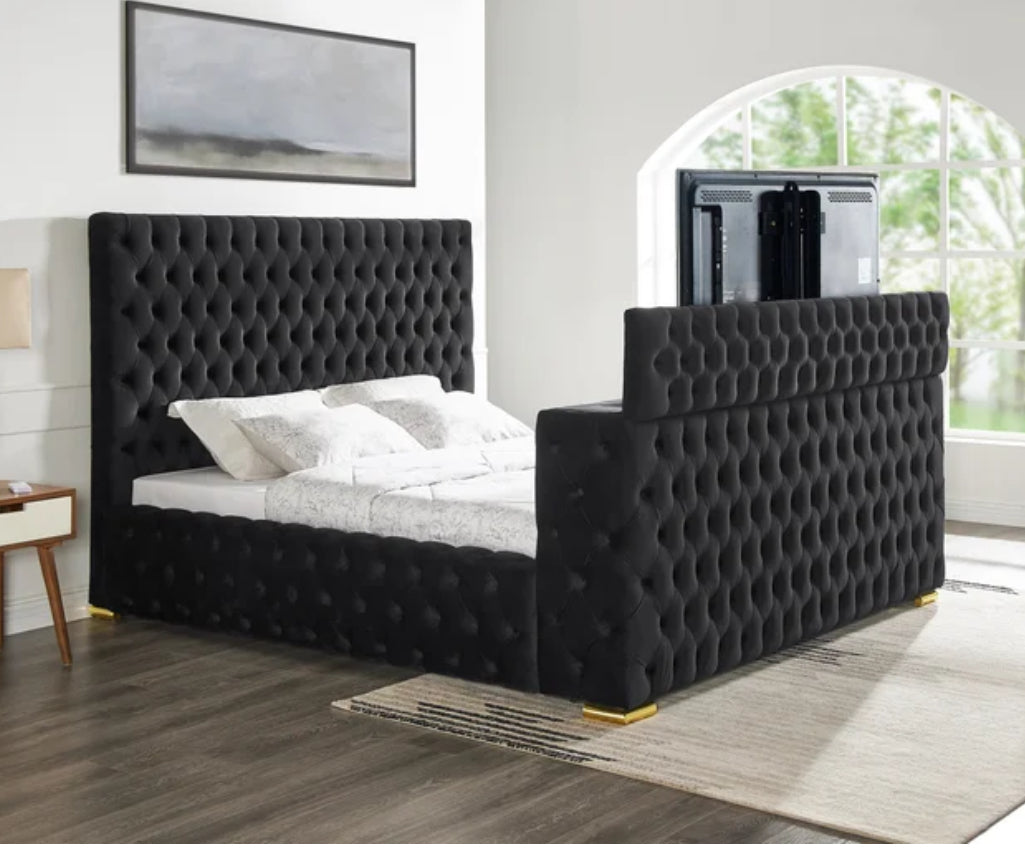 Future Velvet Platform Bed | LED Fireplace, Bluetooth & TV Stand | Queen & King