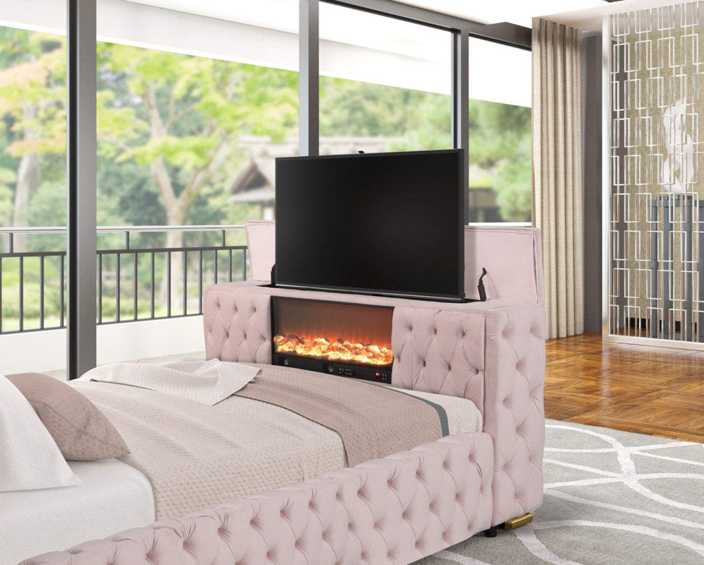 Future Velvet Platform Bed | LED Fireplace, Bluetooth & TV Stand | Queen & King