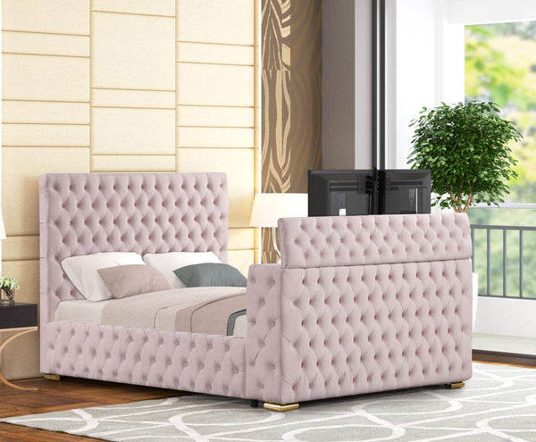 Future Velvet Tufted Fireplace Bed W/ Tv insert