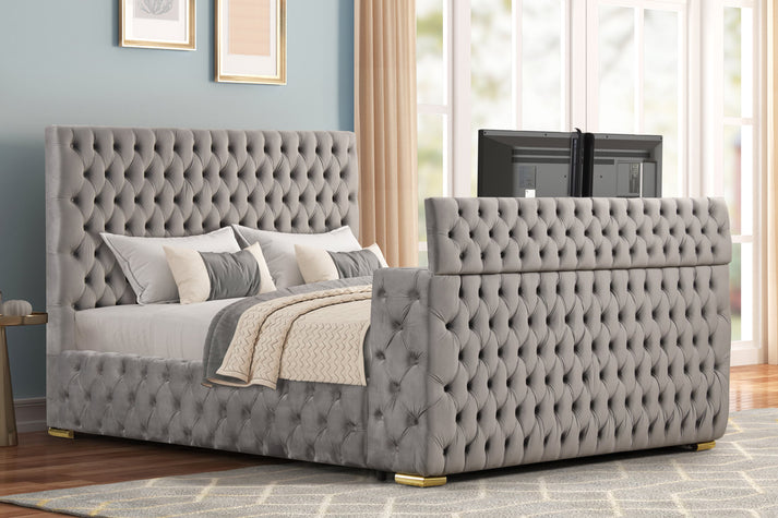 Future Velvet Tufted Fireplace Bed W/ Tv insert