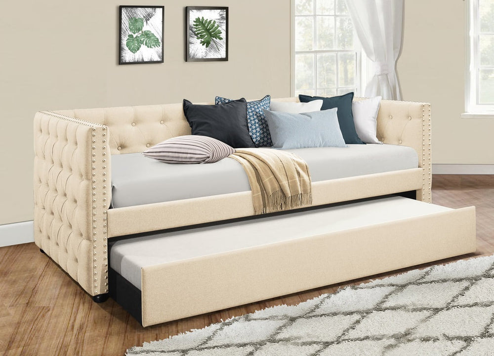Courage Tufted Daybed with Trundle | Gray & Beige | Linen Fabric