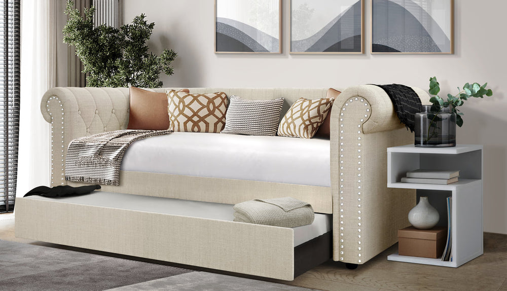 Oakmont Linen Tufted Daybed with Twin Trundle – Black, Gray & Beige | NZR Furniture