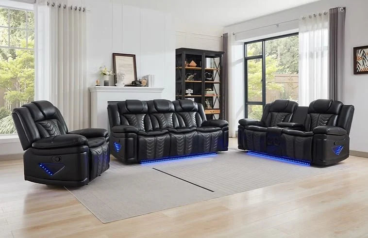 Innova Reclining Sofa Set | Air Leather | LED Lights & Wireless Charger | Gray & Black | 2-PC & 3-PC