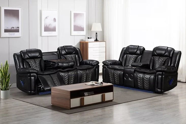 Innova Reclining Sofa Set | Air Leather | LED Lights & Wireless Charger | Gray & Black | 2-PC & 3-PC