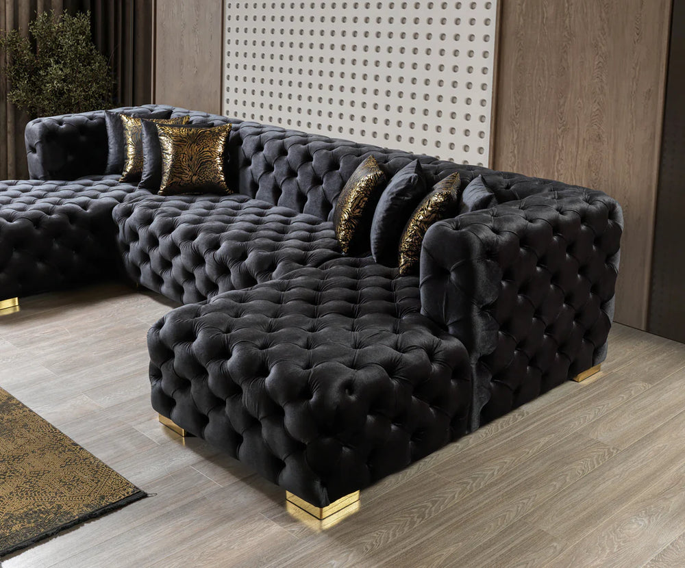 Neva Black Velvet Double Chaise Sectional