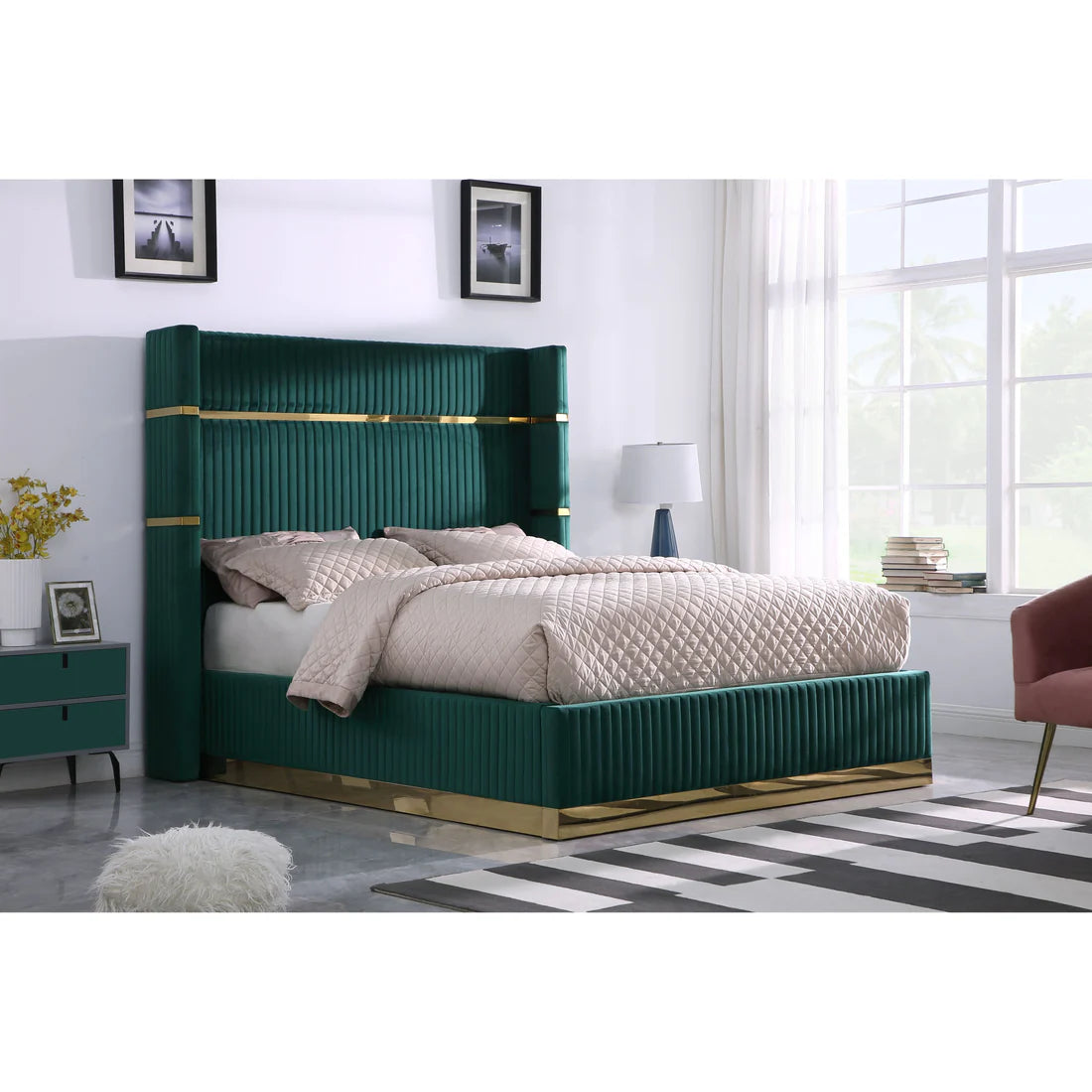 Velvet Platform Bed with Gold Accents - Queen & King | Aspen