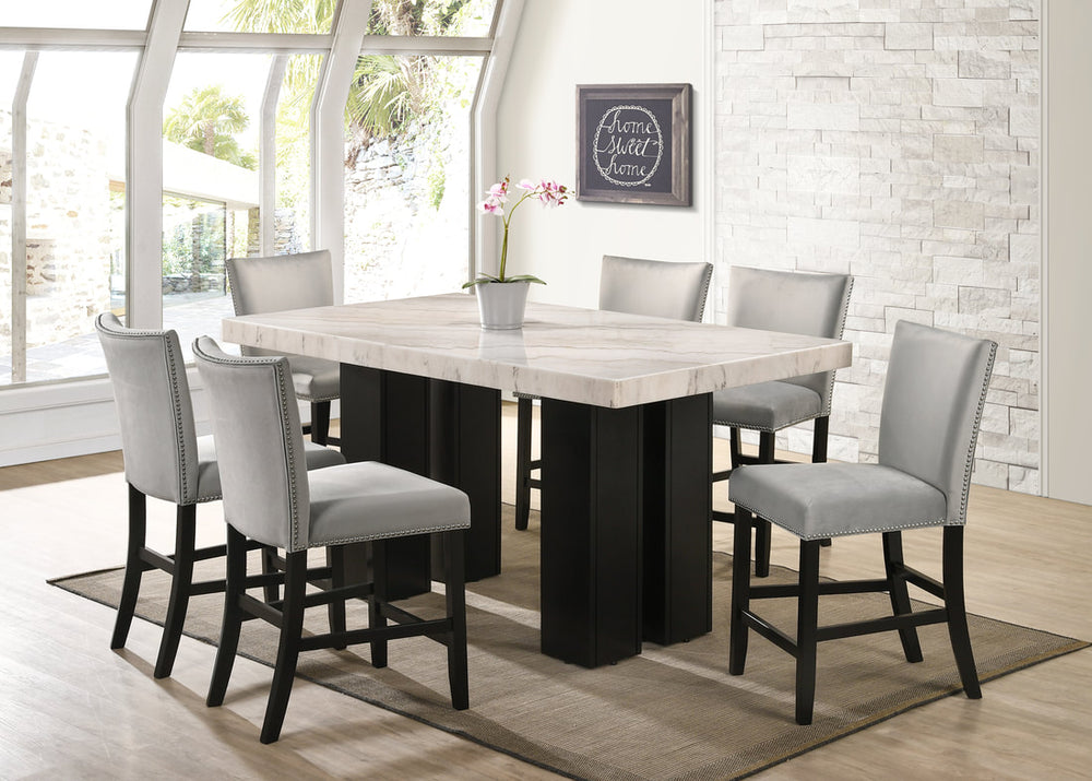 Finley Counter Height Dining Set - 70" Marble Top Table with Velvet Chairs | Black & Gray