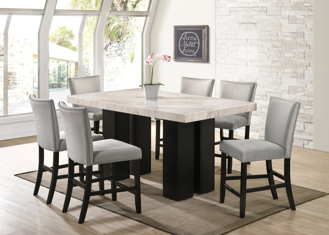 Finley Counter Height Dining Set - 70" Marble Top Table with Velvet Chairs | Black & Gray