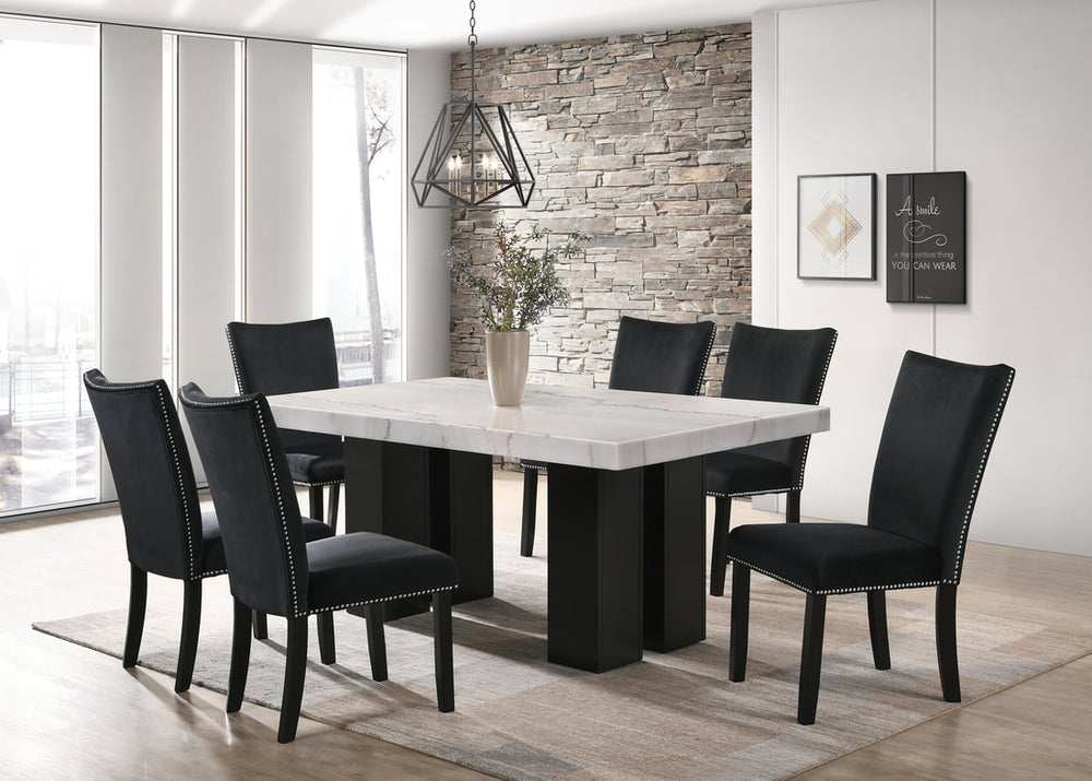Finley 7-Piece Dining Room Set - 70" Marble Top Table with 6 Velvet Chairs | Black & Gray