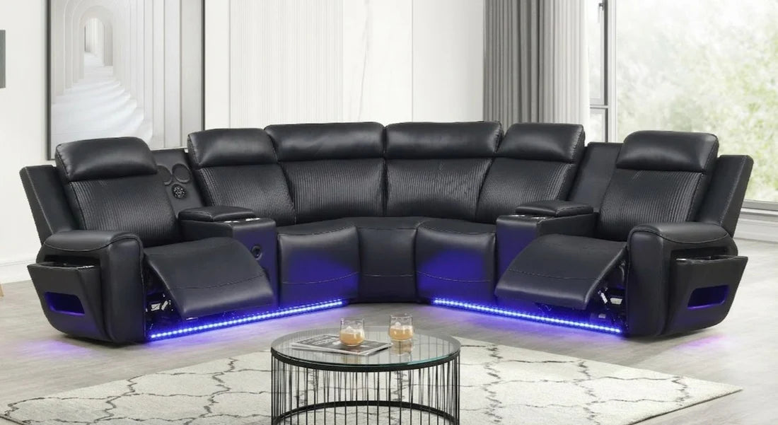 Galaxy Power Recliner Sectional - Black Leather with Bluetooth, LED Lights & Wireless Charging