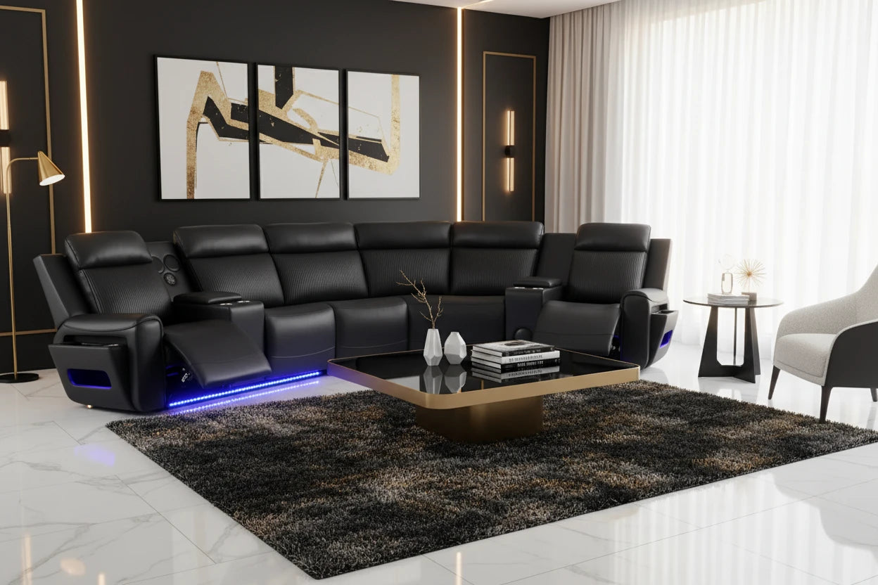Galaxy Power Recliner Sectional - Black Leather with Bluetooth, LED Lights & Wireless Charging
