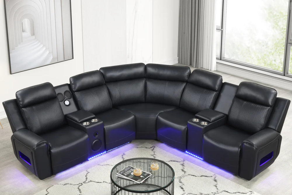 Galaxy Power Recliner Sectional - Black Leather with Bluetooth, LED Lights & Wireless Charging