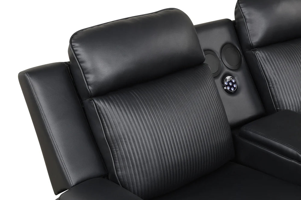 Galaxy Power Recliner Sectional - Black Leather with Bluetooth, LED Lights & Wireless Charging