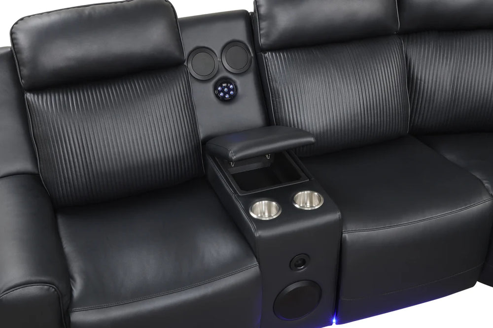 Galaxy Power Recliner Sectional - Black Leather with Bluetooth, LED Lights & Wireless Charging