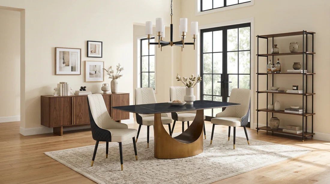 Roxy Dining Table Set with Toni Chairs – Modern Sintered Stone & Brushed Bronze