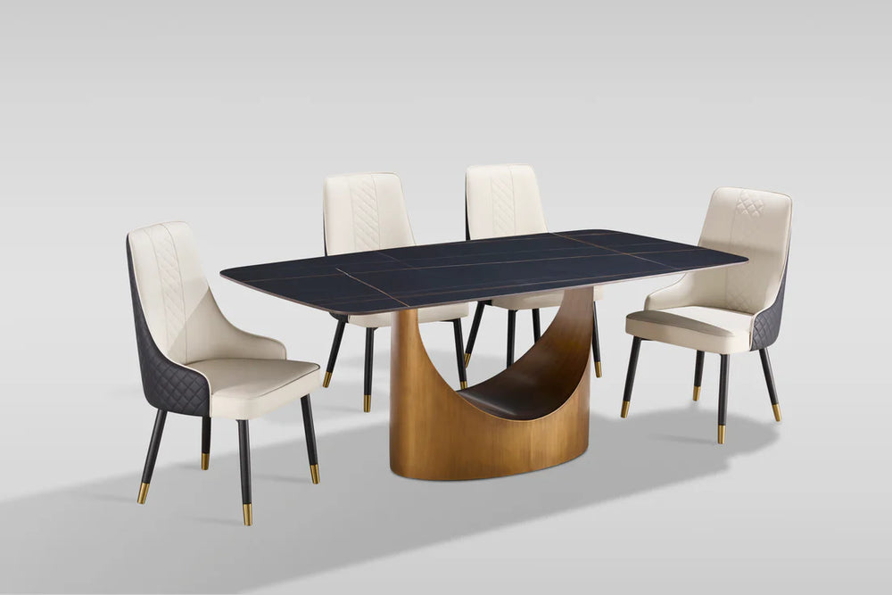 Roxy Dining Table Set with Toni Chairs – Modern Sintered Stone & Brushed Bronze