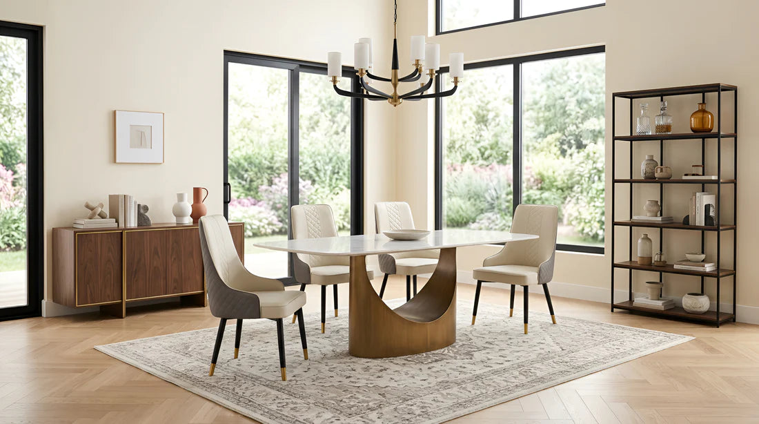 Roxy Dining Table Set with Toni Chairs – Modern Sintered Stone & Brushed Bronze